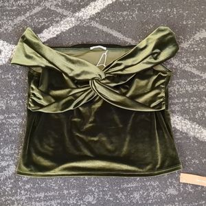 Reformation Ezlynn Velvet Knit Top Green Off The Shoulder Twist XL NWT New